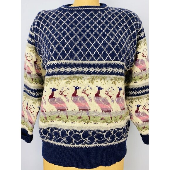Vintage Deans Of Scotland Shetland Wool Sweater Womens Med Fair Isle Peacocks - Picture 1 of 12